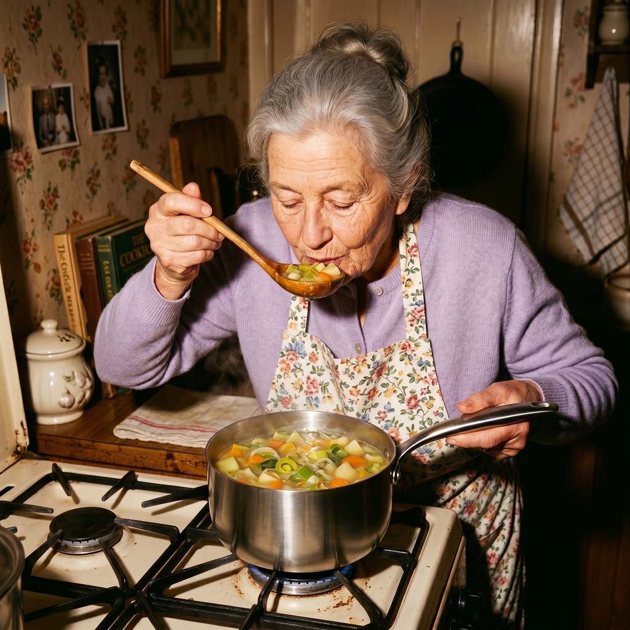 Grand-mère qui goûte sa soupe aux légumes en train de mijoter dans une casserole inox SAINE sur un feu de gaz