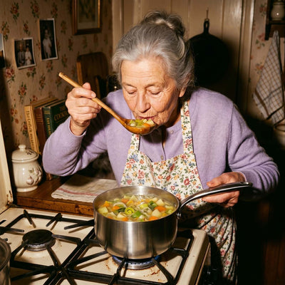 Grand-mère qui goûte sa soupe aux légumes en train de mijoter dans une casserole inox SAINE sur un feu de gaz