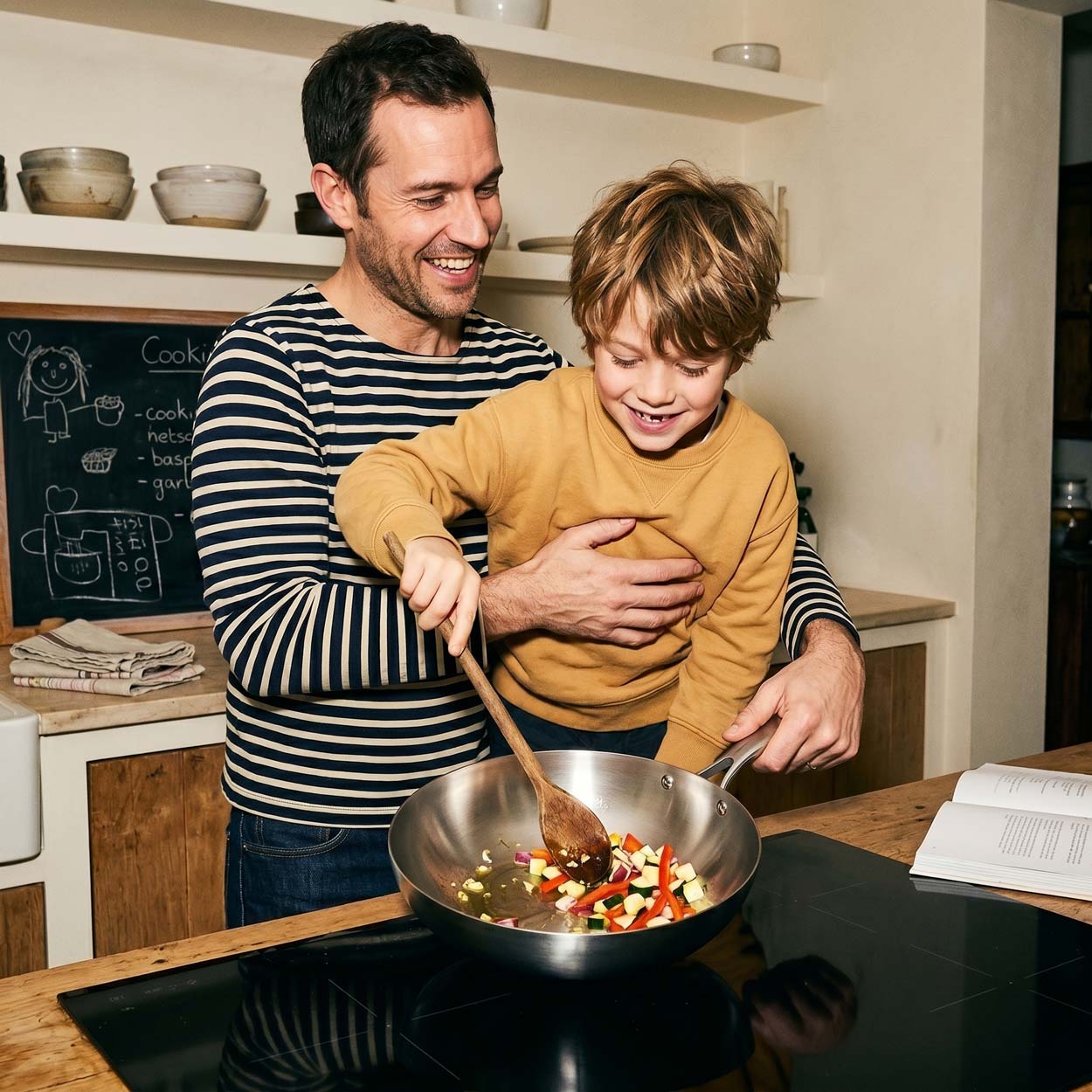 Père guidant son fils pour faire revenir des légumes colorés dans une poêle inox 24 cm