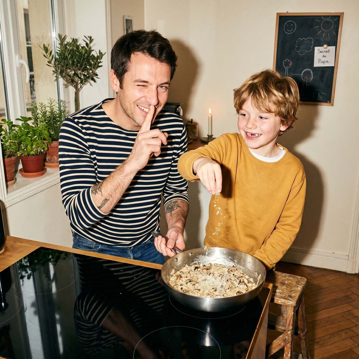 Père et fils cuisinant ensemble avec une poêle inox 28 cm, l'enfant ajoute du parmesan