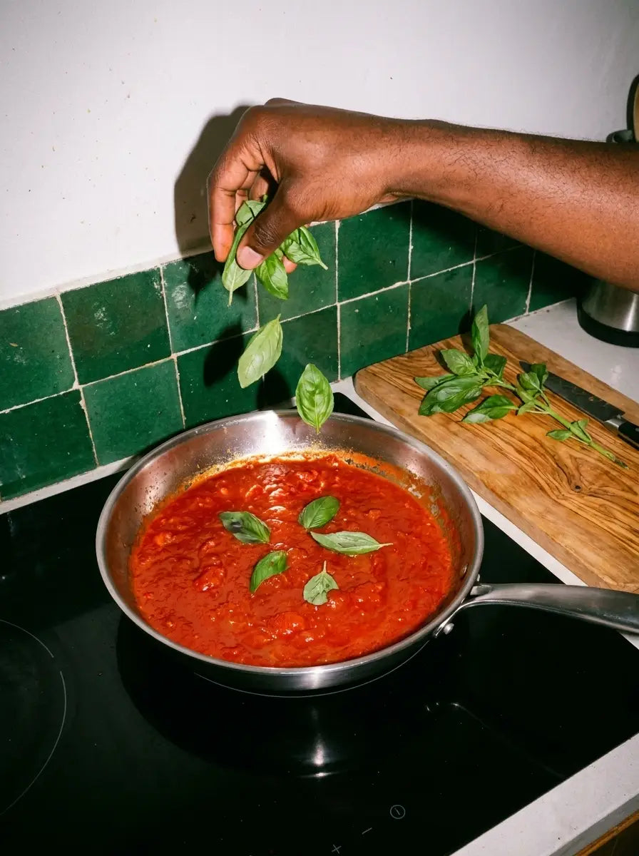Sauce tomate au basilic frais vue de dessus dans une poêle inox 26 cm SAINE