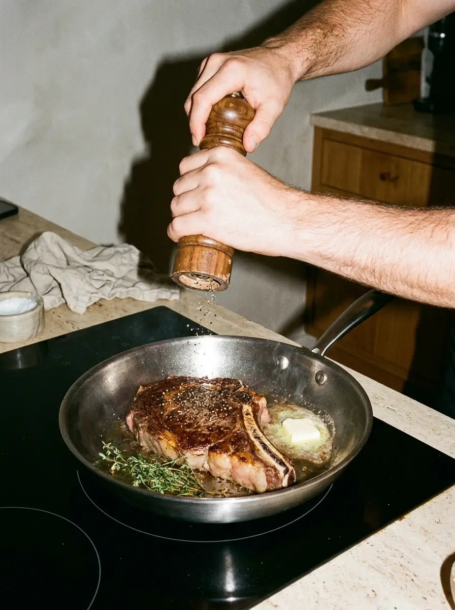 Côte de bœuf saisie dans une poêle inox 28 cm SAINE sur plaque à induction