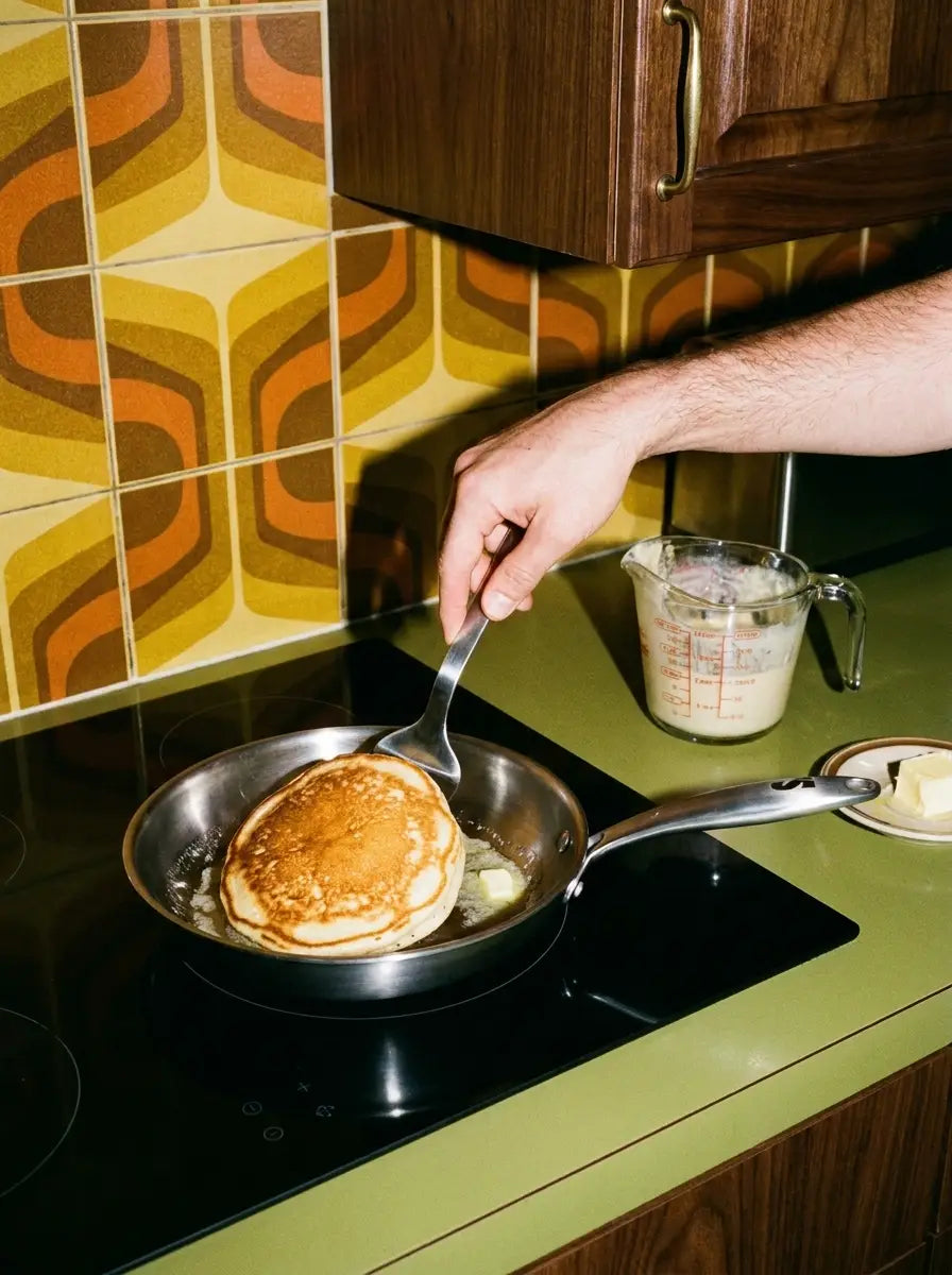 Pancake retourné à la spatule dans une poêle en inox 20 cm SAINE