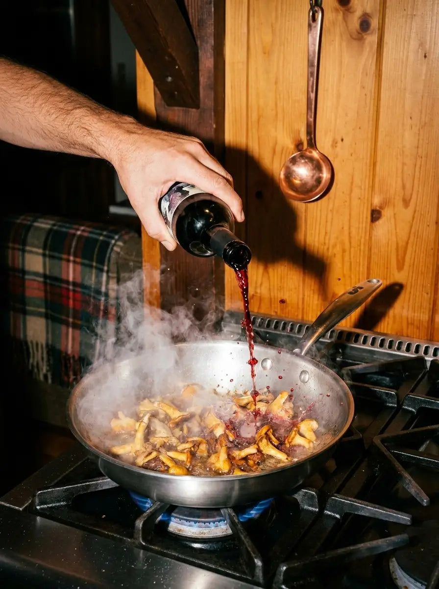 Déglaçage au vin rouge de champignons dans une poêle inox 28 cm SAINE