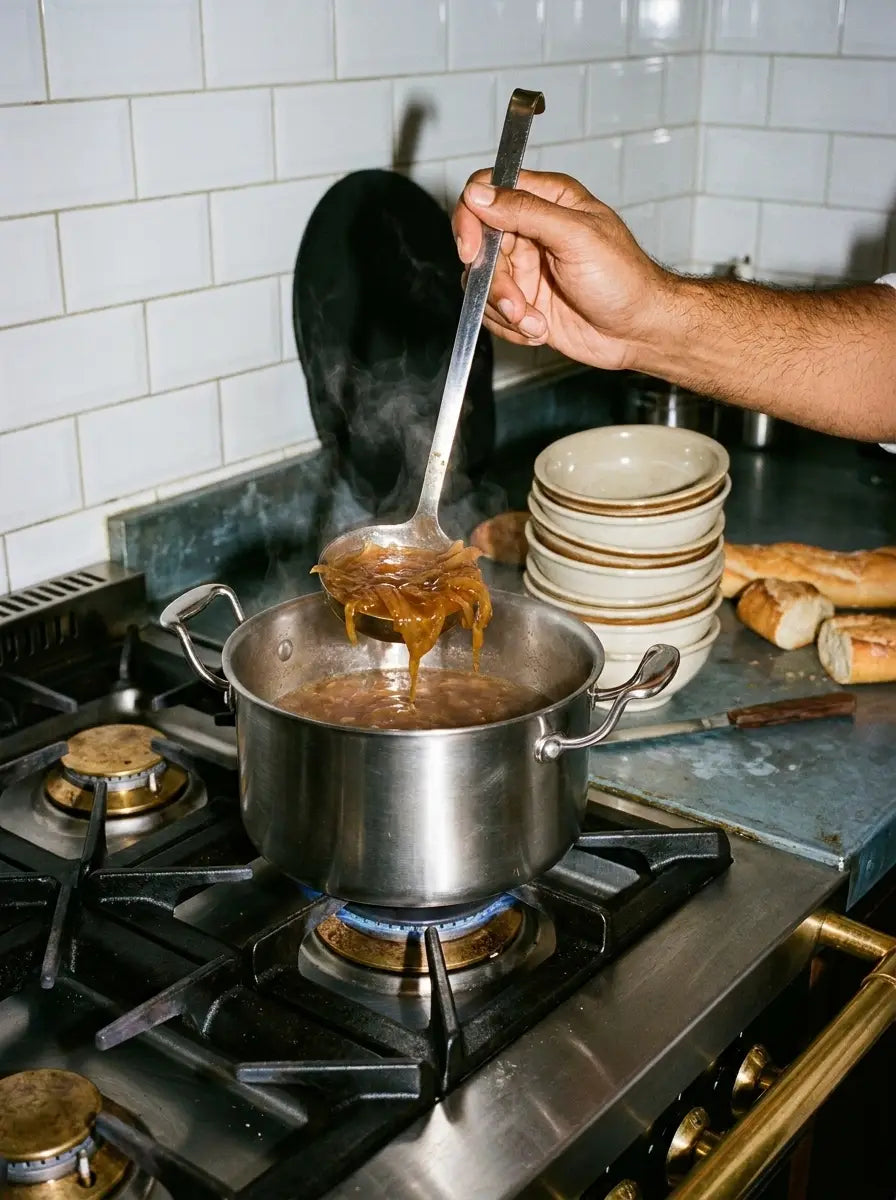 Soupe à l'oignon puisée à la louche dans une marmite inox 20 cm SAINE