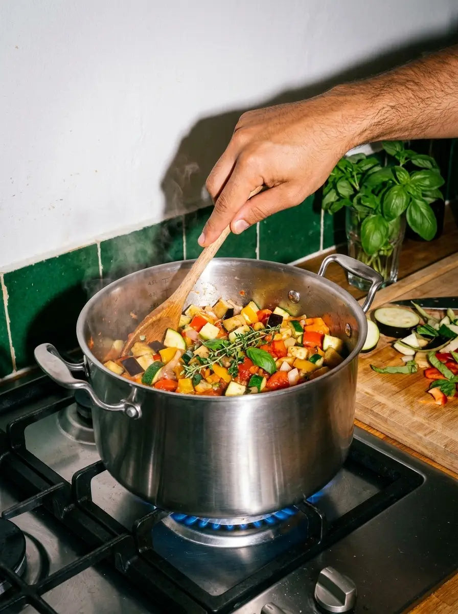 Ratatouille mijotée dans une marmite en inox 24 cm SAINE sur feu à gaz