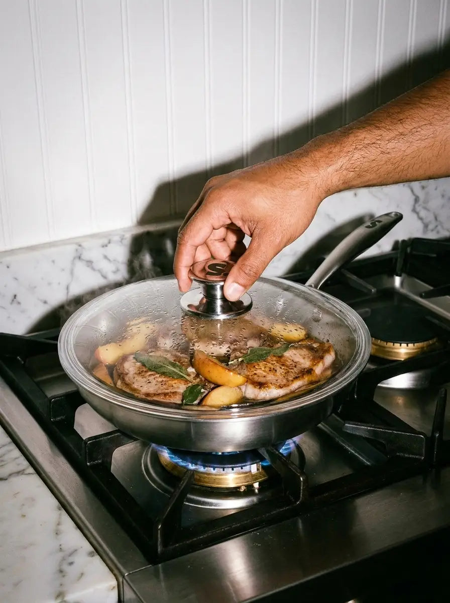 Côte de porc et pommes cuites à couvert dans une poêle inox 28 cm SAINE