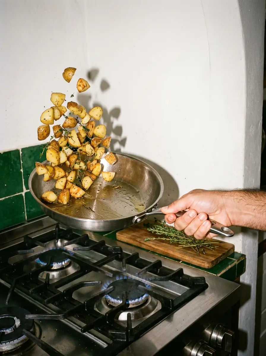 Saut de pommes de terre dans une poêle en inox 28 cm SAINE sur feu à gaz