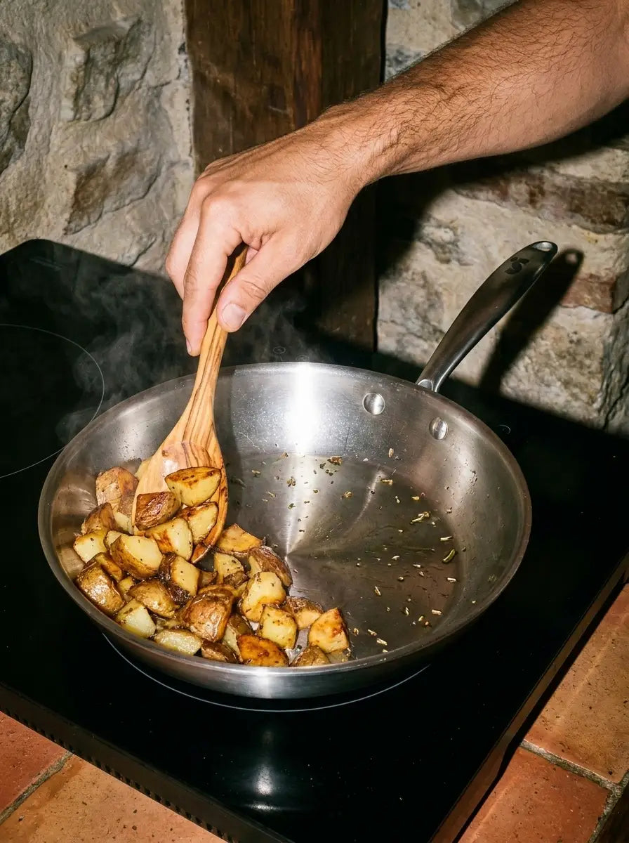 Pommes de terre sautées remuées à la cuillère dans une poêle inox 28 cm SAINE
