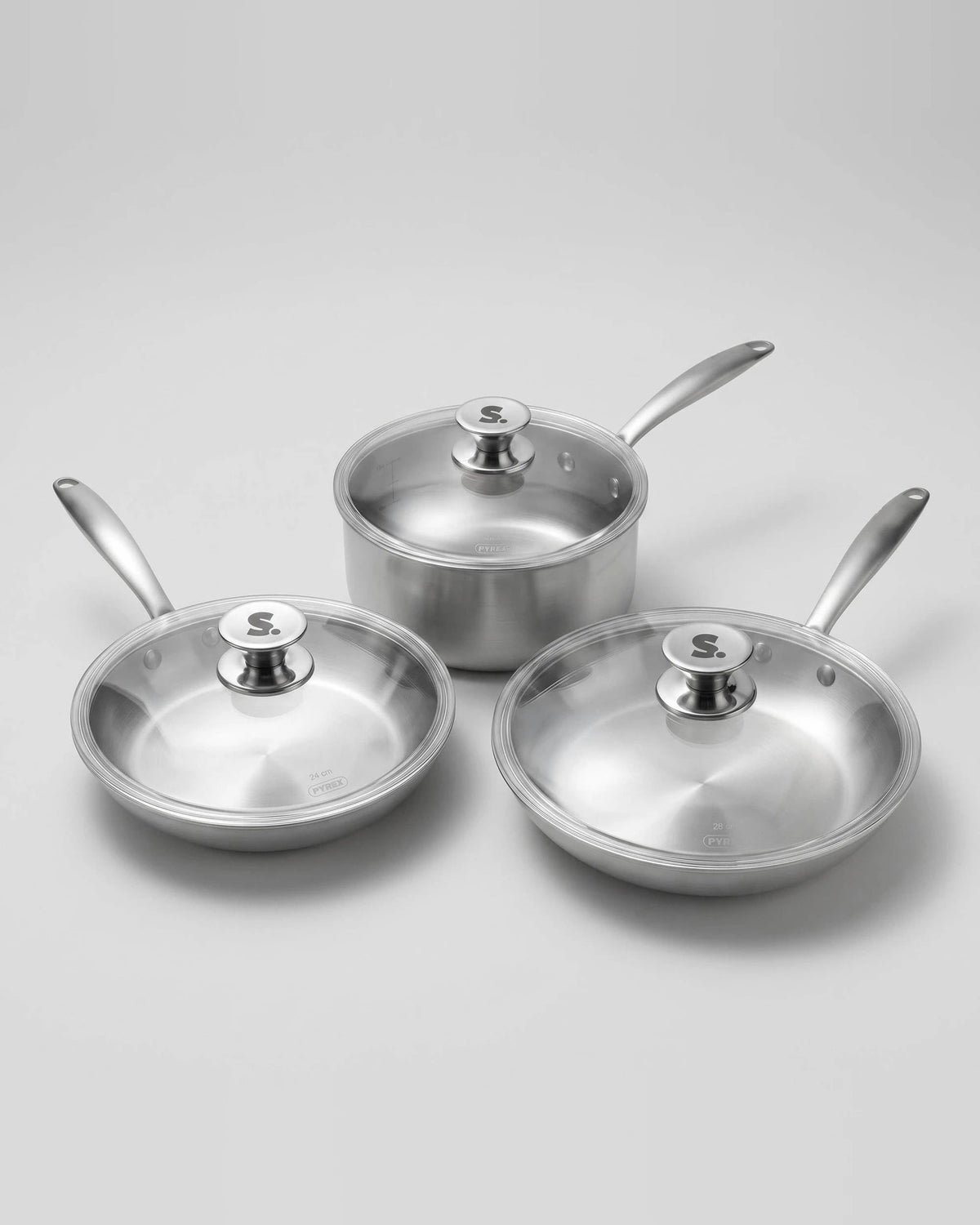 Batterie de cuisine inox 18/10 SAINE 3 pièces : 2 poêles et 1 casserole avec couvercles en verre Pyrex