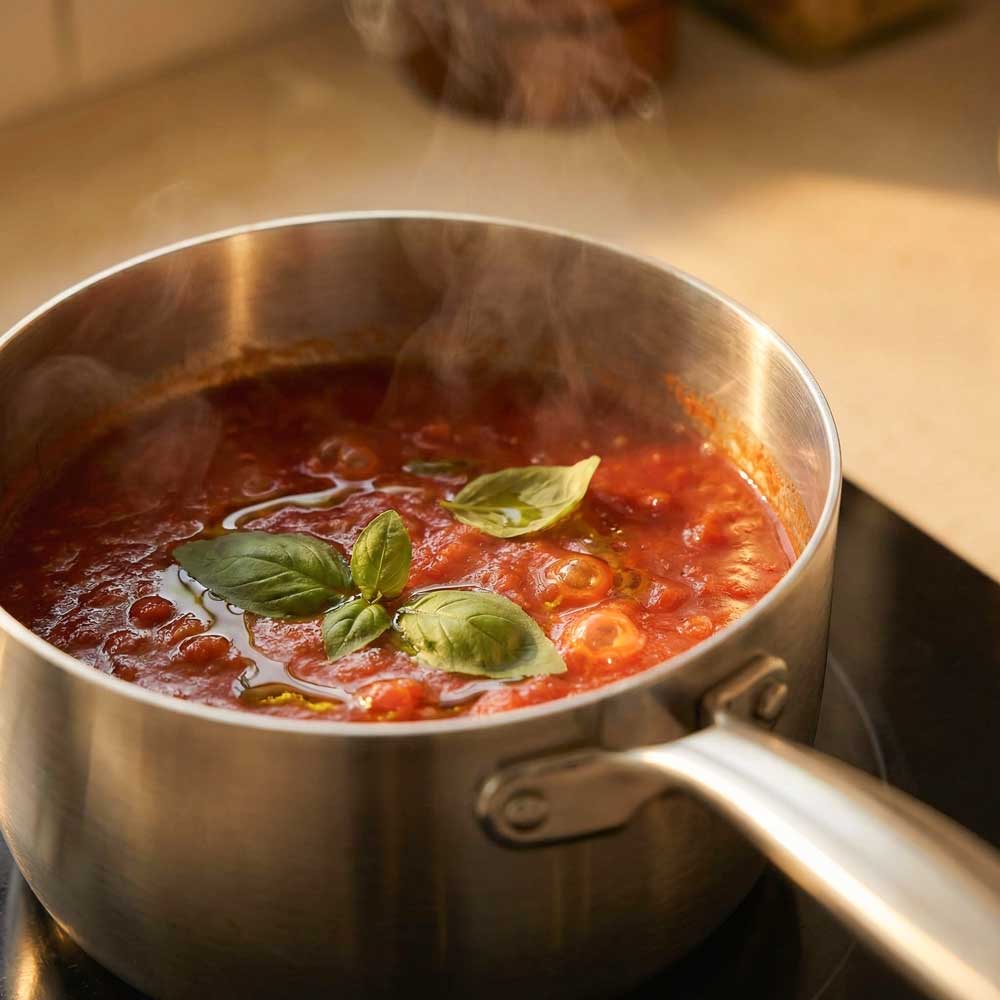 sauce tomate en train de cuire dans une casserole inox