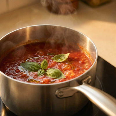 sauce tomate en train de cuire dans une casserole inox