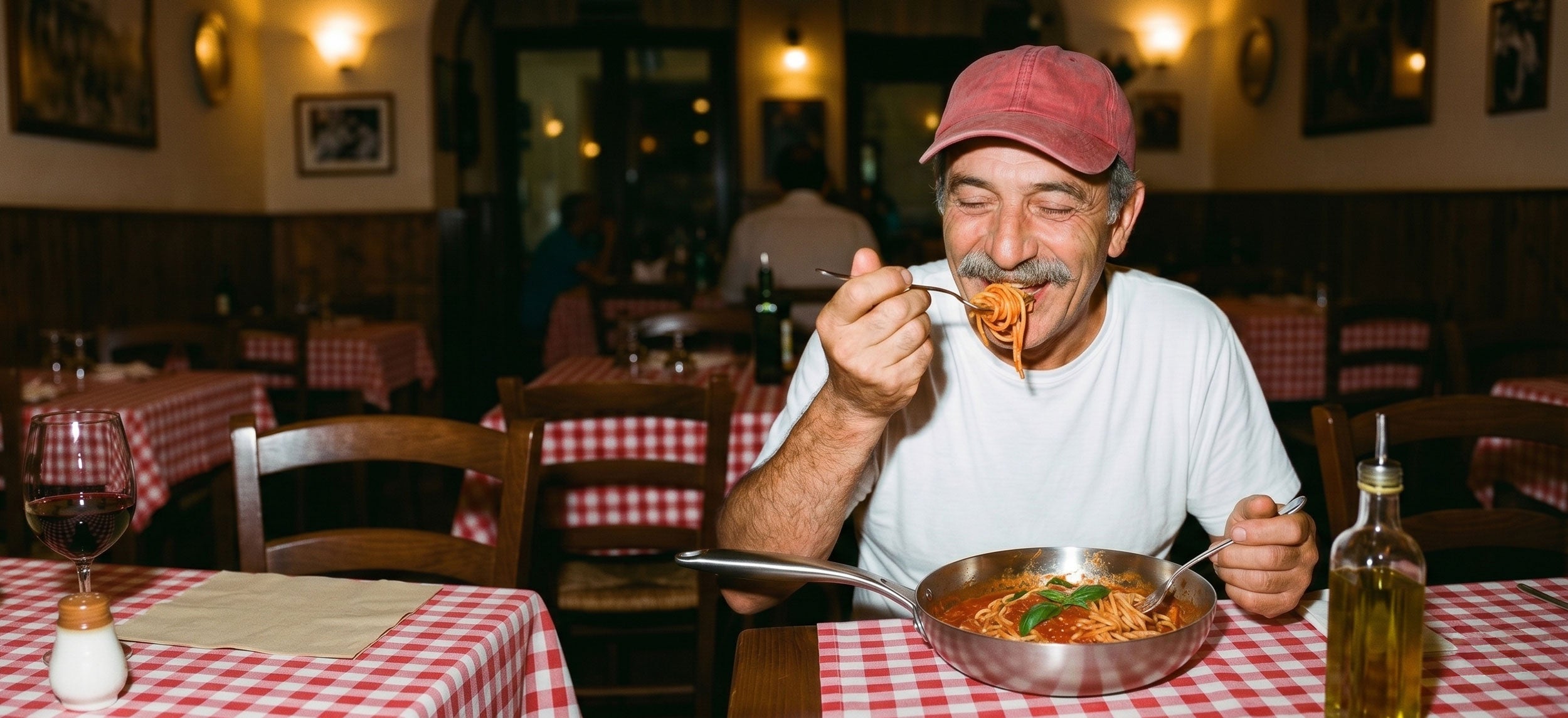 un monsieur mange des spaghettis dans une poele en inox dans un restaurant
