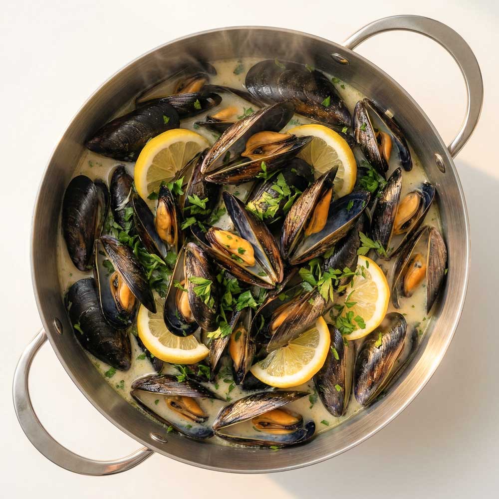 vue de dessus d'une marmite en inox avec des moules en train de cuire