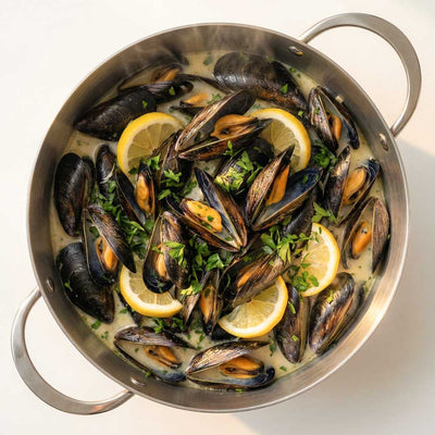 vue de dessus d'une marmite en inox avec des moules en train de cuire