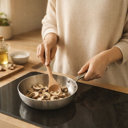 cuisson de champignons dans une poêle en inox