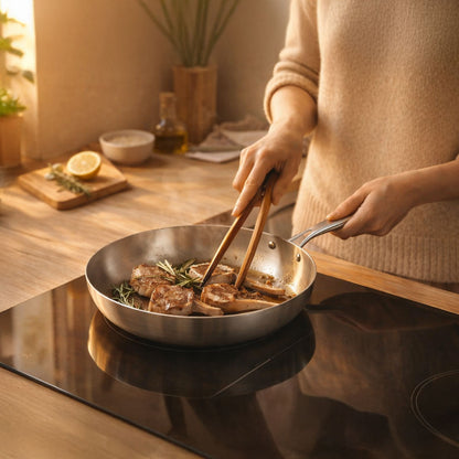 poêle en inox SAINE sur des plaques à induction en train de cuire des cotelettes d'Agneau
