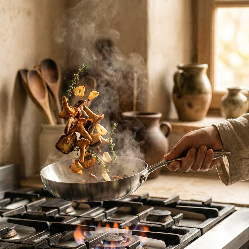 cuisson de champignons dans une poele inox de petite taille