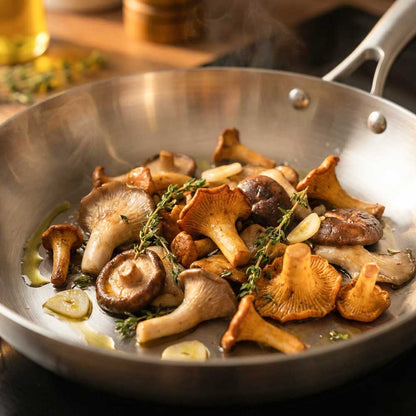 gros plan sur des champignons en train de cuire dans une petite poele inox