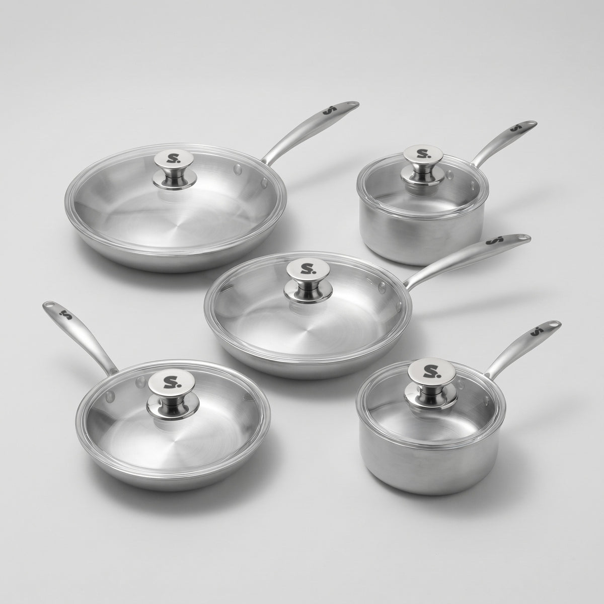 Batterie de cuisine inox 18/10 SAINE 5 pièces : 3 poêles et 2 casseroles avec couvercles en verre