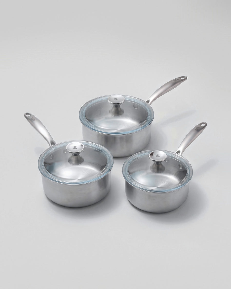 Trio de casseroles inox SAINE 16, 18 et 20 cm avec couvercles en verre Pyrex, fabriquées en France