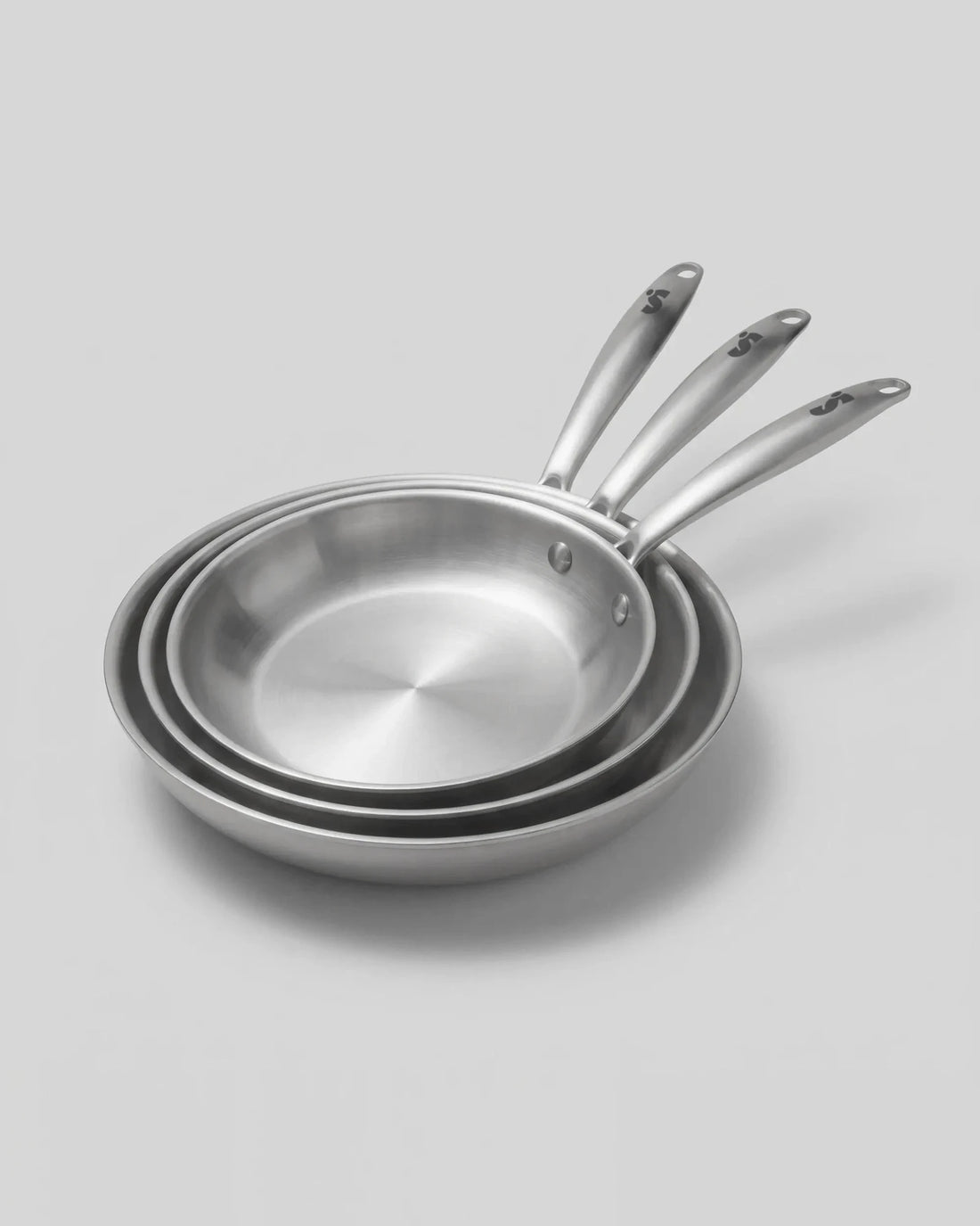 Trio de poêles en inox 18/10 SAINE empilées, compatibles induction